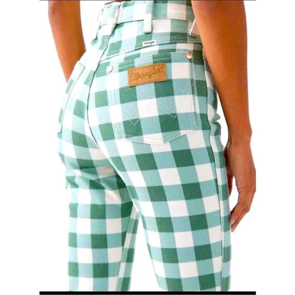 WRANGLER Wrock Gingham Flare Green Checkered Denim Pants Sz 25